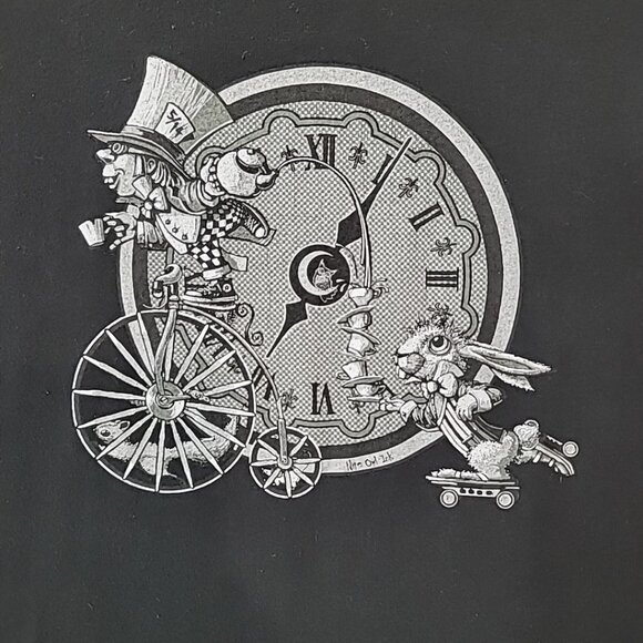 Nite Owl Ink Men's Black Crew Neck Graphic Print Tee Size LG Mad Hatter Rabbit - Picture 1 of 9